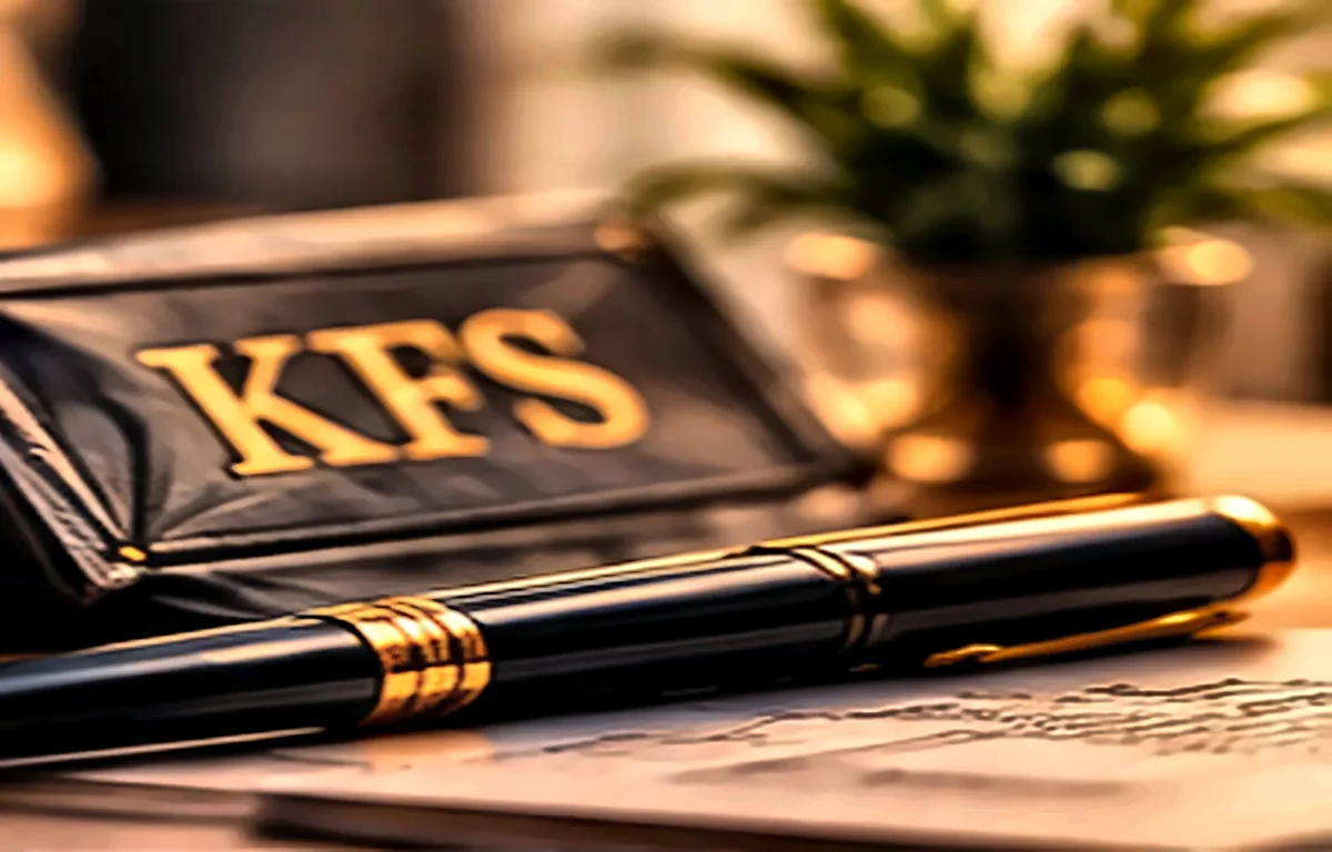 KFS monogrammed leather folio with a black-and-gold fountain pen resting on signed documents
