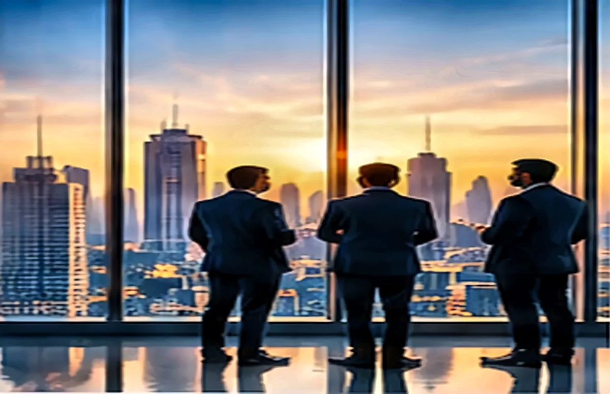 Three business owners in suits looking out over a city skyline at sunrise