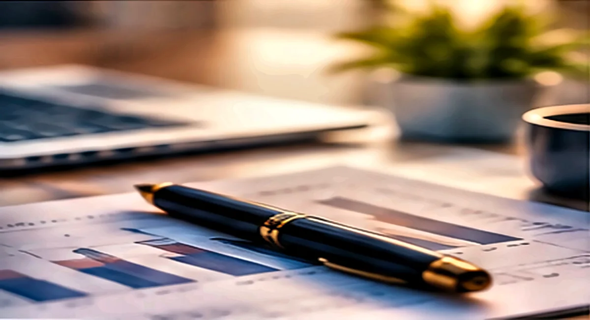 Fountain pen resting on printed financial charts