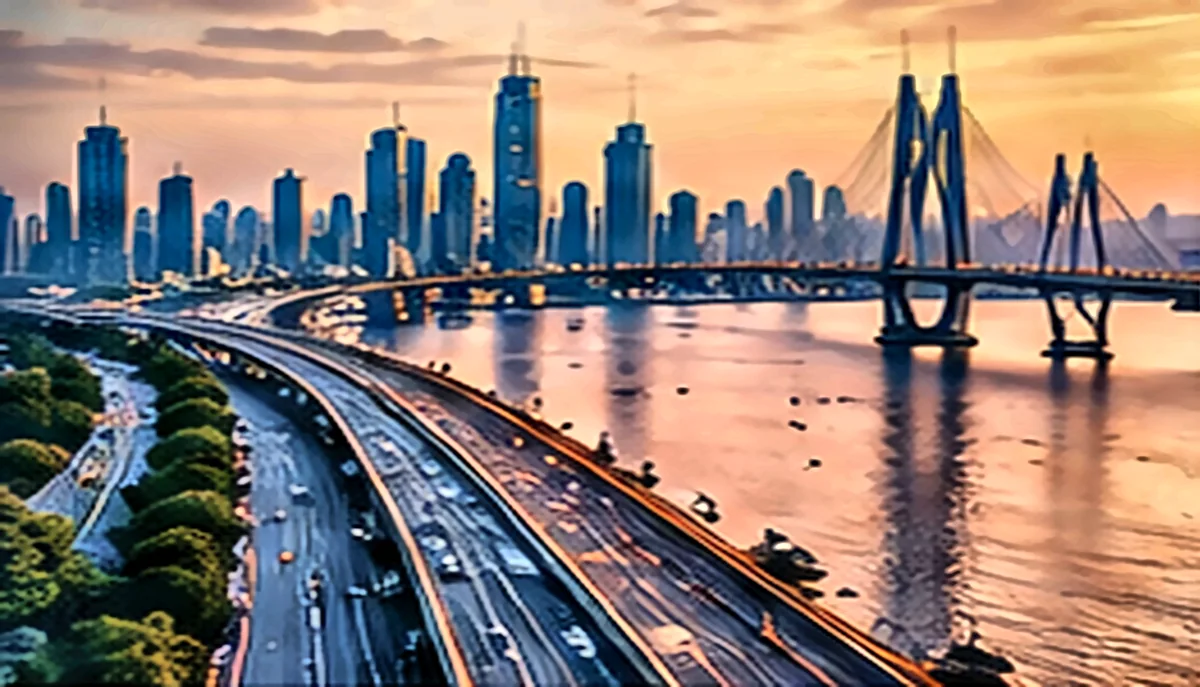 Mumbai skyline and the Bandra-Worli Sea Link at sunset