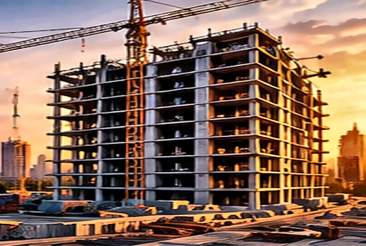Residential tower under construction with a tower crane against a sunset skyline