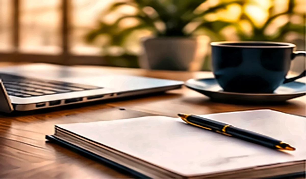 Open notebook and pen beside a laptop and a cup of coffee